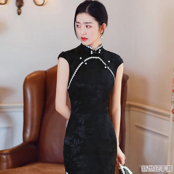 老师黑色双开真丝旗袍